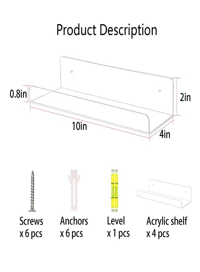 TONICE 4 Pack Acrylic Shelves for Wall 10in Floating Shelf Wall Mounted Set for Room, Bedroom, Bathroom, Kitchen, Living Room, Office Book Shelf Storage Decor - Image 2